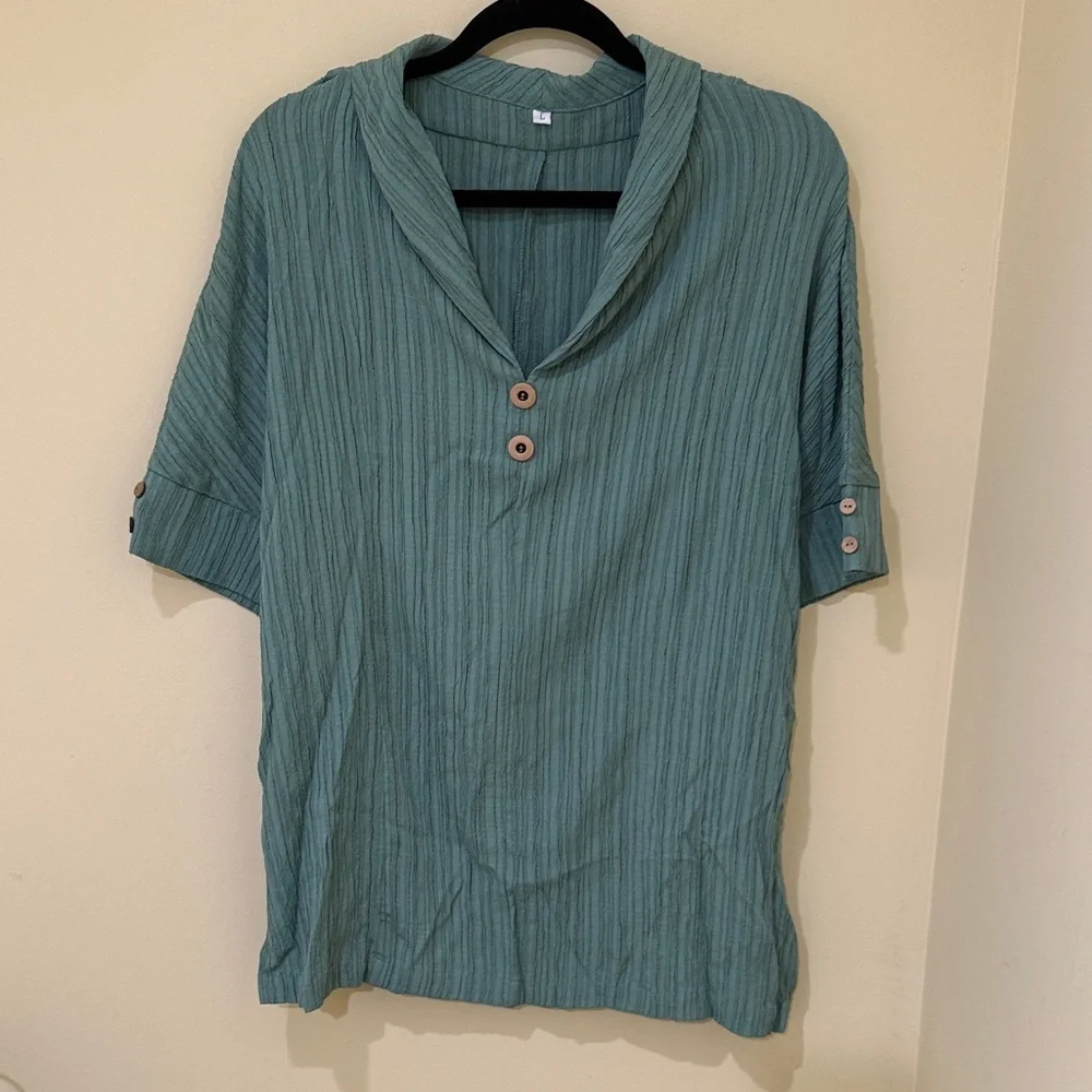 Elegant Teal Button- Short Sleeve turn down Blouse for Women Size Large - Picture 2 of 12